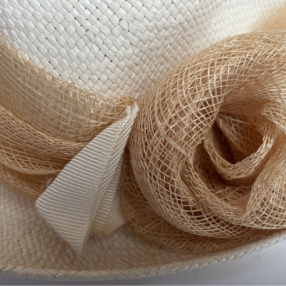 Italy Handmade Paper Straw Women’s Hat Ivory/Tan Wrap Bow - Picture 5 of 10